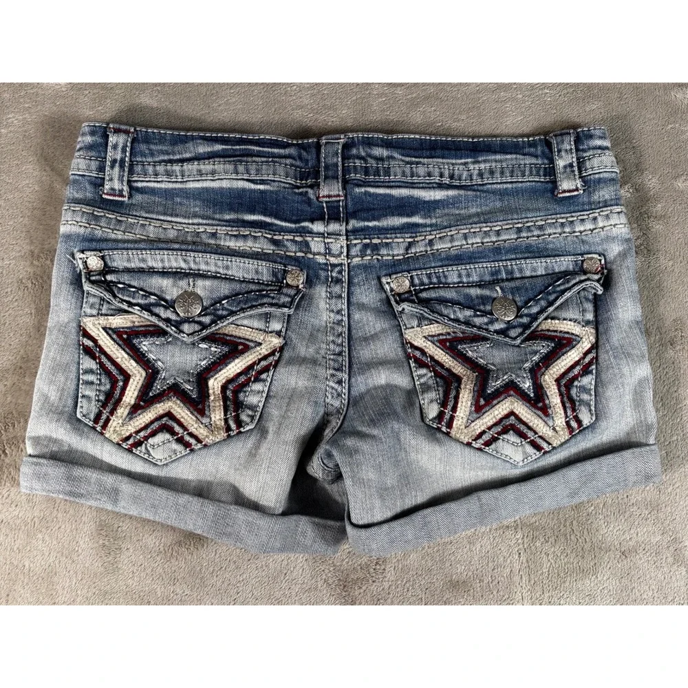 Paisley Sky Denim Shorts Womens 8 Blue Star‎ Flap Pockets Contrast Stitch